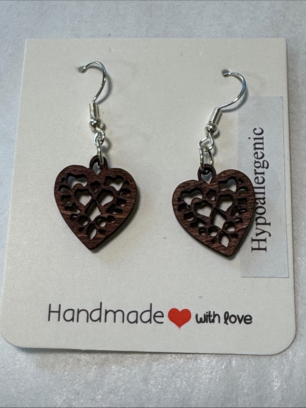 Handmade Heart Cutout Wooden Heart Hypoallergenic Earrings New
